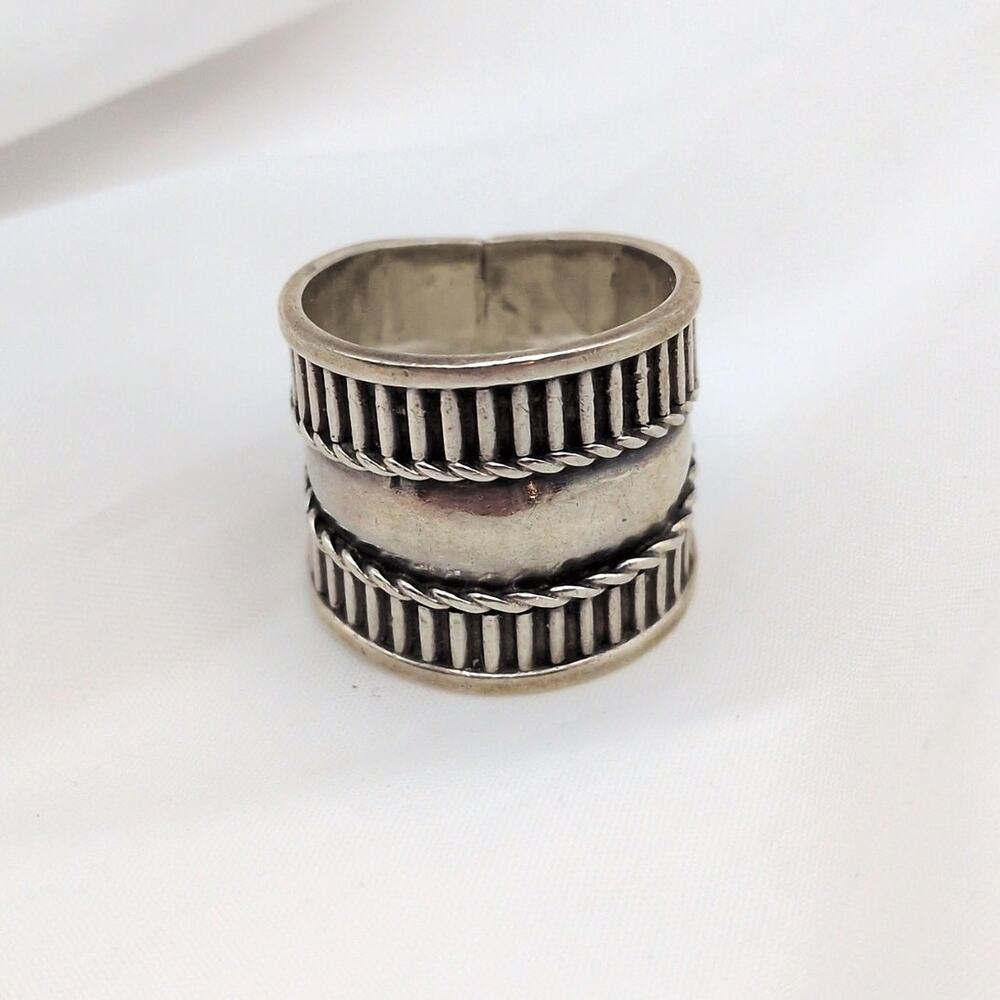 Sterling Silver 925 Bali Style Boho Braided Striped Wide Cigar Band Ring 8.5